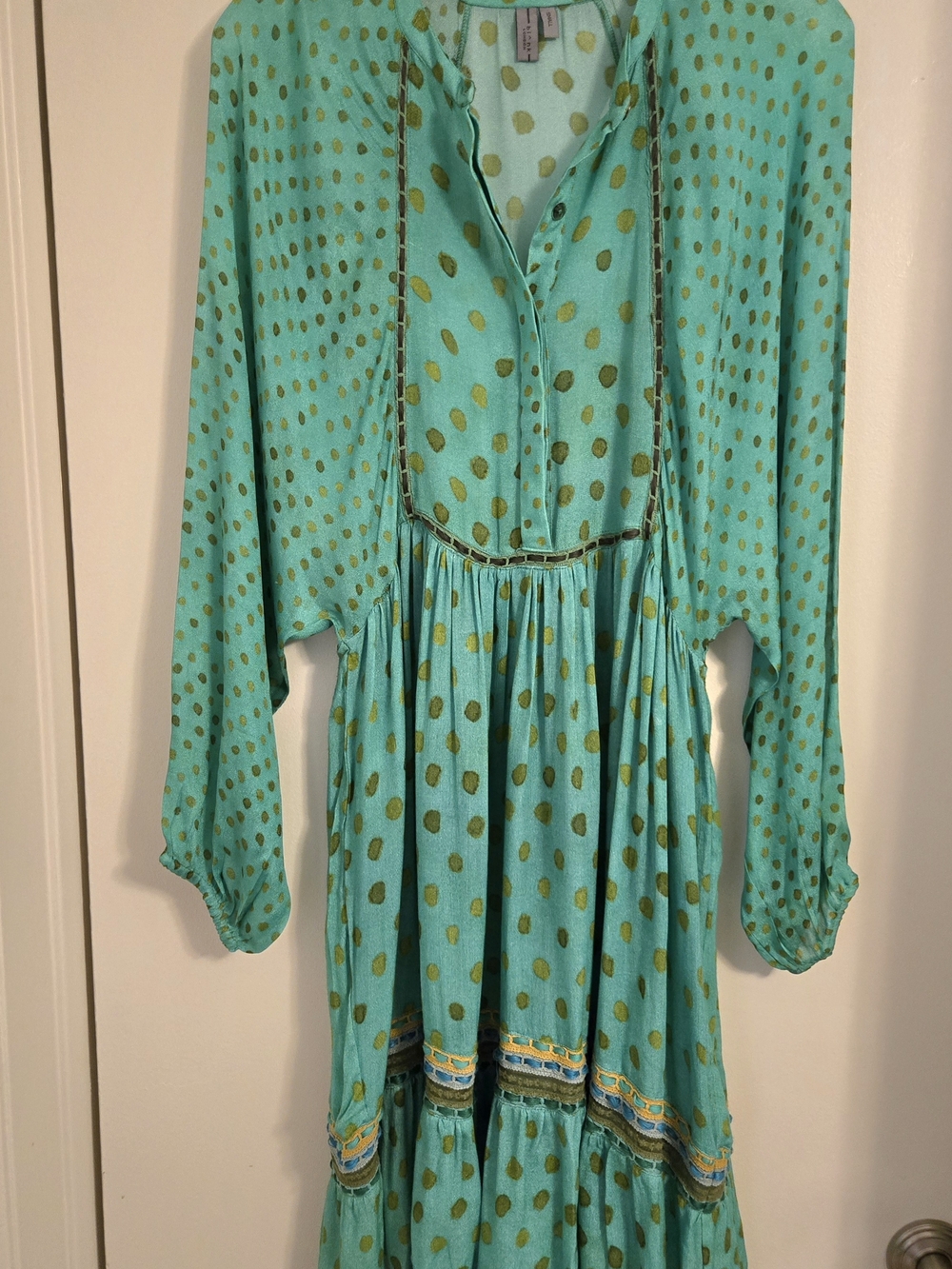 Anthropologie Bl^nk London Green With Gold Polka Dot Boho Dress - Picture 3 of 11
